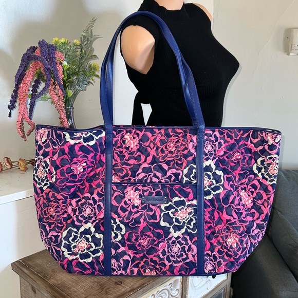Jumbo Vera Bradley Pink/Purple Roses Weekender Tote - Picture 1 of 10